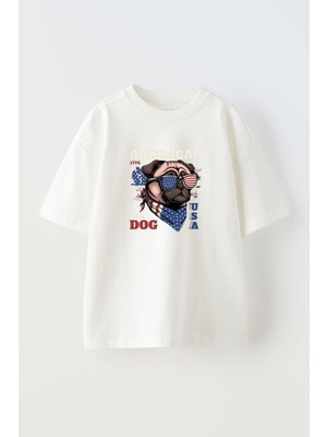 The Wert Unisex American Pug Dog Tasarım Baskılı Pamuk Beyaz Oversize T-Shirt