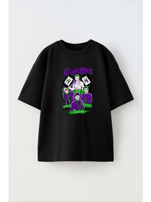 The Wert Unisex Jokerler Mor ve Yesil Tasarım Baskılı Pamuk Sıyah Oversize T-Shirt