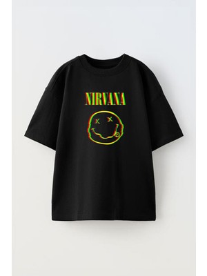 The Wert Unisex Nirvana Face Tasarım Baskılı Pamuk Sıyah Oversize T-Shirt