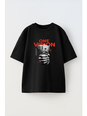 The Wert Unisex No Vision Tasarım Baskılı Pamuk Sıyah Oversize T-Shirt