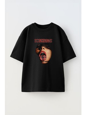 The Wert Unisex Scorpıdns Tasarım Baskılı Pamuk Sıyah Oversize T-Shirt