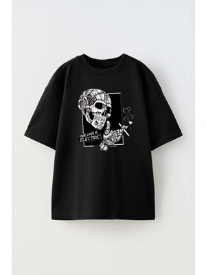 Unisex Our Lovers Electrıc Tasarım Baskılı Pamuk Sıyah Oversize T-Shirt
