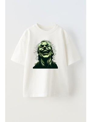 The Wert Unisex The Joker Tasarım Baskılı Pamuk Beyaz Oversize T-Shirt