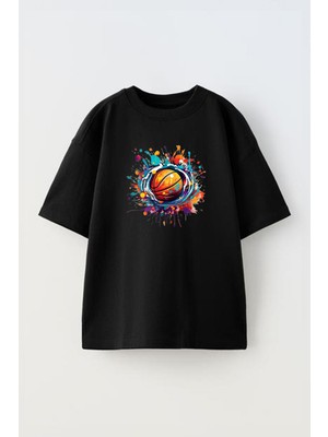 The Wert Unisex Renklı Basketbol Topu Tasarım Baskılı Pamuk Sıyah Oversize T-Shirt