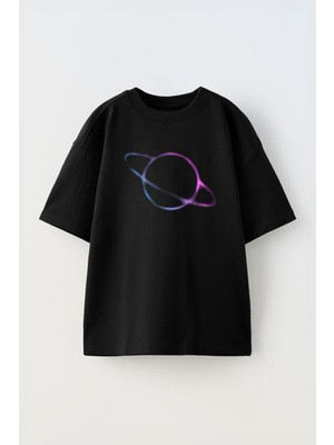 Unisex Saturn Tasarım Baskılı Pamuk Sıyah Oversize T-Shirt