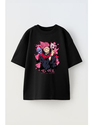 Unisex Sukuna Splash Art Tasarım Baskılı Pamuk Sıyah Oversize T-Shirt
