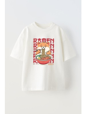 The Wert Unisex Ramen Cat Tasarım Baskılı Pamuk Beyaz Oversize T-Shirt