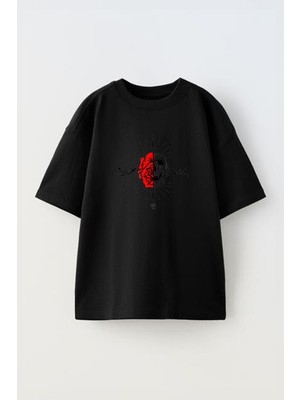 Unisex Gül Kurukafa Tasarım Baskılı Pamuk Sıyah Oversize T-Shirt