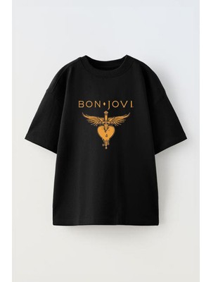 Unisex Bon Jovi Tasarım Baskılı Pamuk Sıyah Oversize T-Shirt