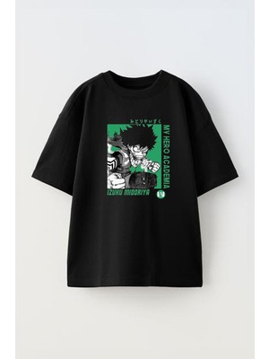 The Wert Unisex Animeızuku Mıdorıya My Hero Academia Tasarım Baskılı Pamuk Sıyah Oversize T-Shirt