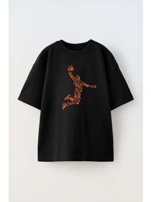 Unisex Basketbol Orange Tasarım Baskılı Pamuk Sıyah Oversize T-Shirt
