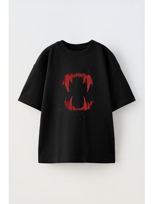 The Wert Unisex Kurt Dişi Kırmızı Tasarım Baskılı Pamuk Sıyah Oversize T-Shirt