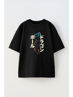 Unisex Goku Japon Yazılar Mavi Tasarım Baskılı Pamuk Sıyah Oversize T-Shirt