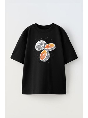 The Wert Unisex Portakal Ay Tasarım Baskılı Pamuk Sıyah Oversize T-Shirt