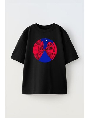 Unisex Ara Sokaklar Tasarım Baskılı Pamuk Sıyah Oversize T-Shirt