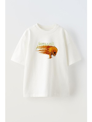 The Wert Unisex Metallica Yanan Kurukafa Tasarım Baskılı Pamuk Beyaz Oversize T-Shirt