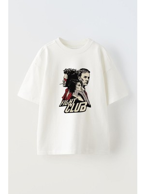 Unisex Fight Club Dövüş Kulübü Tasarım Baskılı Pamuk Beyaz Oversize T-Shirt