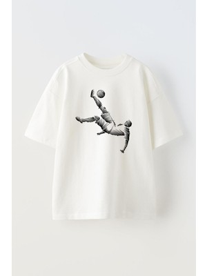 The Wert Unisex Rovaşata Futbulcu Tasarım Baskılı Pamuk Beyaz Oversize T-Shirt