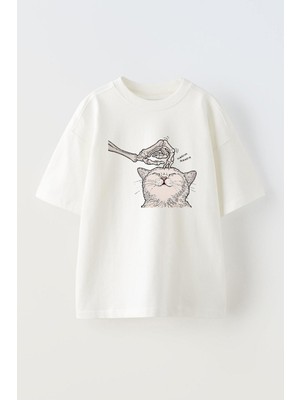 Unisex Sevilen Kedi Tasarım Baskılı Pamuk Beyaz Oversize T-Shirt