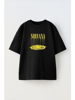 Unisex Nirvana Smile Tasarım Baskılı Pamuk Sıyah Oversize T-Shirt