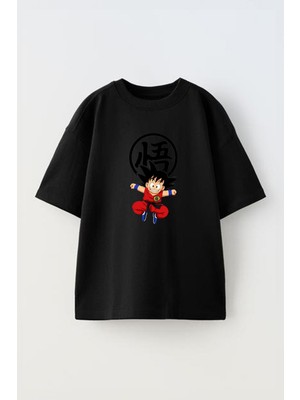 The Wert Unisex Little Goku Baby Shar Tasarım Baskılı Pamuk Sıyah Oversize T-Shirt
