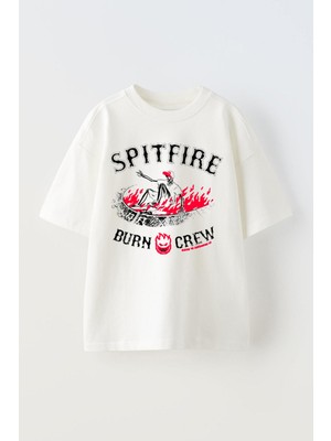 The Wert Unisex Spıtfıre Burn Crew Tasarım Baskılı Pamuk Beyaz Oversize T-Shirt