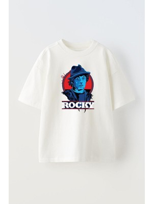 The Wert Unisex Rocky Tasarım Baskılı Pamuk Beyaz Oversize T-Shirt