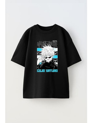 The Wert Unisex Gojo Satoru Tasarım Baskılı Pamuk Sıyah Oversize T-Shirt
