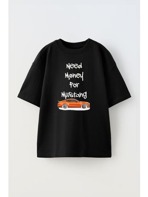 Unisex Need Money For Car Tasarım Baskılı Pamuk Sıyah Oversize T-Shirt