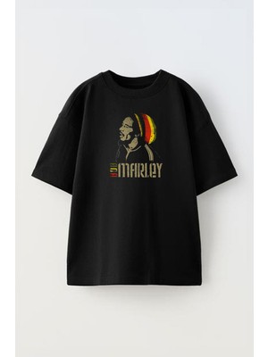 The Wert Unisex Bob Marley Renkli Bere Tasarım Baskılı Pamuk Sıyah Oversize T-Shirt