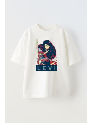 The Wert Unisex Levi Attack On Titan Tasarım Baskılı Pamuk Beyaz Oversize T-Shirt