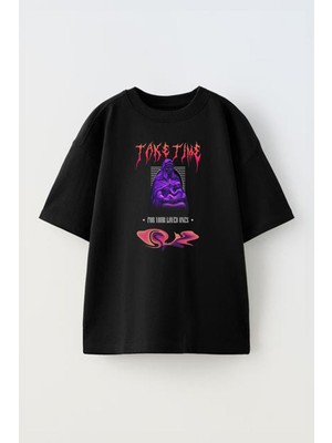 The Wert Unisex Take Time Tasarım Baskılı Pamuk Sıyah Oversize T-Shirt