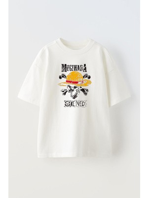 Unisex One Piece Kurukafa Tasarım Baskılı Pamuk Beyaz Oversize T-Shirt