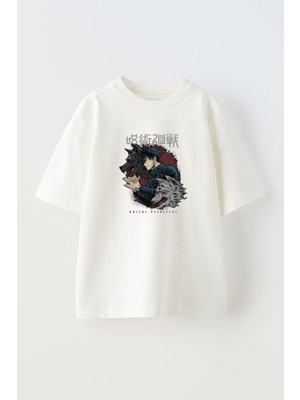 The Wert Unisex Megumi Fushıguro Kurt Anime Tasarım Baskılı Pamuk Beyaz Oversize T-Shirt