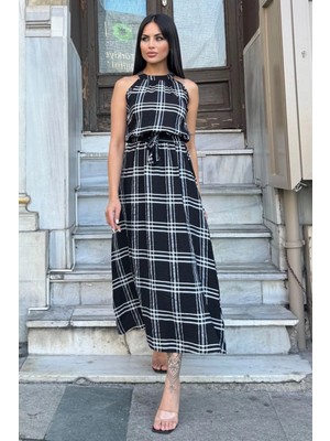 New Laviva Kadın Siyah Ekose Desenli, Halter Yaka, Kendinden Kemerli Uzun Salaş Elbise