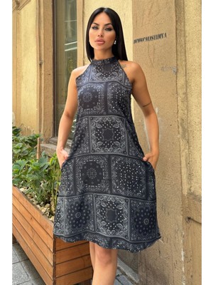 New Laviva Kadın Siyah Halter Yaka, A Kesim, Etnik Desenli, Gizli Cepli, Salaş Saten Elbise