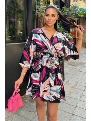 New Laviva Kadın Siyah Desenli Viskon, Yarasa Kol, Kruvaze Mini Kimono - Kloş Kısa Elbise