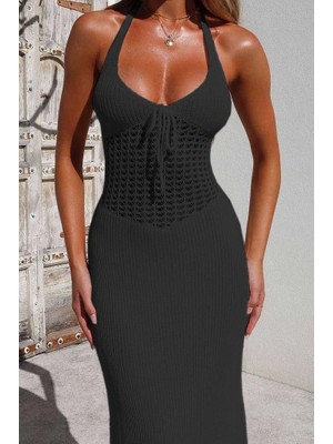 Passense Kadın Boyundan ve Sırttan Bağlamalı Dekolteli Triko Uzun Elbise