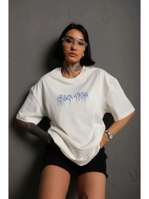 Tua Moda Unisex Bisiklet Yaka Baskılı Oversize T-Shirt - Beyaz