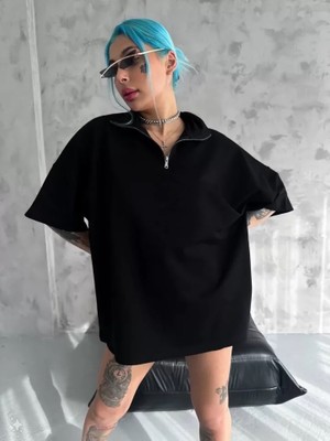 Tua Moda Unisex Yarım Fermuarlı Basic T-Shirt - Siyah