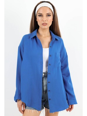 Ritnice Kadın Yumuşak Müslin Kumaş Uzun Mavi Oversize Gömlek
