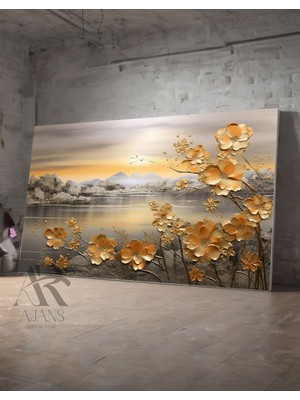 Ar Ajans Kanvas Tablo Göl Kenarındaki Gold Detaylı Çiçek Kanvas Tablo