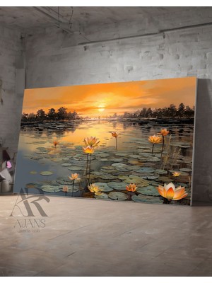 AR AJANS Kanvas Tablo Lotus Çiçekleri Göl Detaylı Renkli Dekoratif 3 cm Derinlik Çerçevesiz