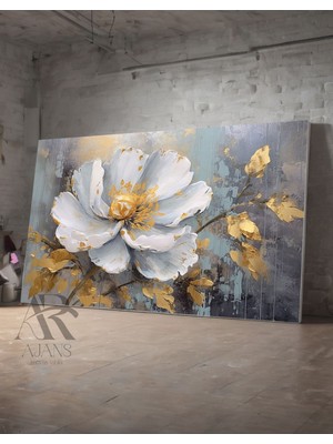Ar Ajans Kanvas Tablo Gold - Beyaz Çiçek Dekoratif  Yaglı Boya Görünümlü Kanvas Tablo