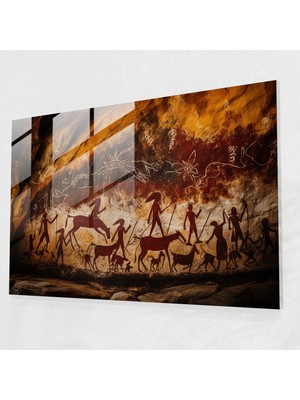 Painted Anarchy Aborijin Kaya Sanatı Cam Duvar Dekorasyonu - Aborijin, Aborijin Mirası, Av Sahnesi, Kaya Sanatı, 45X30