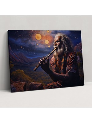 Painted Anarchy Aborijin Duvar Sanatı - Yıldızlı Gece Gökyüzü Altında Didgeridoo Oynayan Aborijin Yaşlı - Aborijin, Duvar Dekorasyonu, Aborijin, Müzikal Miras, 70X50