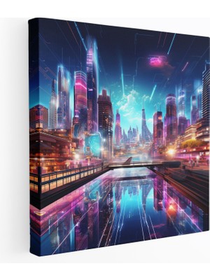 Painted Anarchy Asya Duvar Sanatı: Fütüristik Neon Şehir Manzarası - Asya, Modern Mimari, Çağdaş Dijital Sanat, Neon Işıklar, 30X30