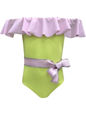 Look Me Volanlı Kemer Fiyonk Detaylı Pembe-Yeşil 50UV Kız Çocuk Mayo BY NESSI BYRD