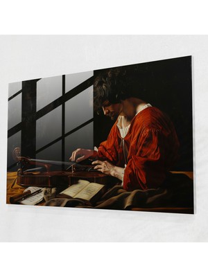 Painted Anarchy Caravaggio Tarzı Duvar Dekorasyonu: Müzik Aleti Çalan Figür - Caravaggio, Stark Kontrastlar, Caravaggio Stili, Cam Baskı, 45 x 30 cm