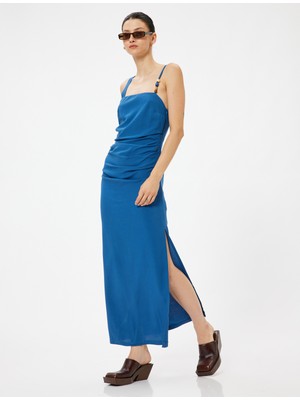 Koton Keten Karışımlı Askılı Uzun Elbise Yırtmaç Detaylı Drapeli Astarlı